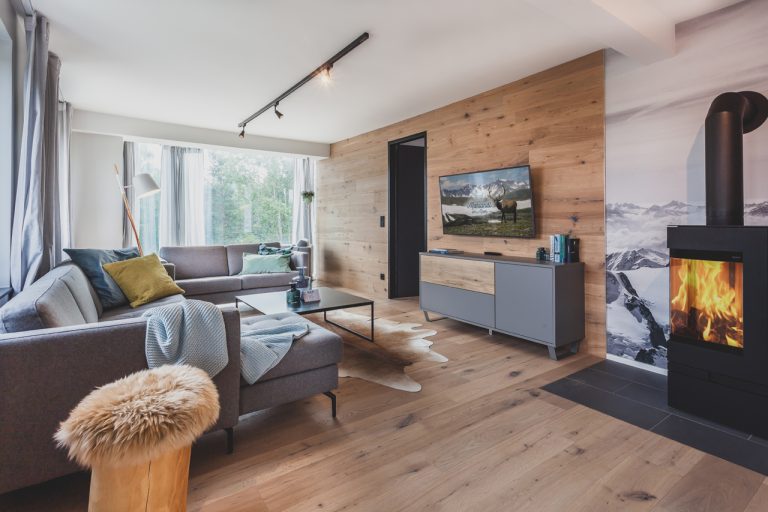 Heller, modern eingerichteter Wohnbereich mit grauer Sofalandschaft, Holzwand, Kaminofen mit Feuer, TV-Möbel und großen Fenstern mit Blick ins Grüne – gemütliches Ferienwohnungs-Ambiente im alpinen Stil